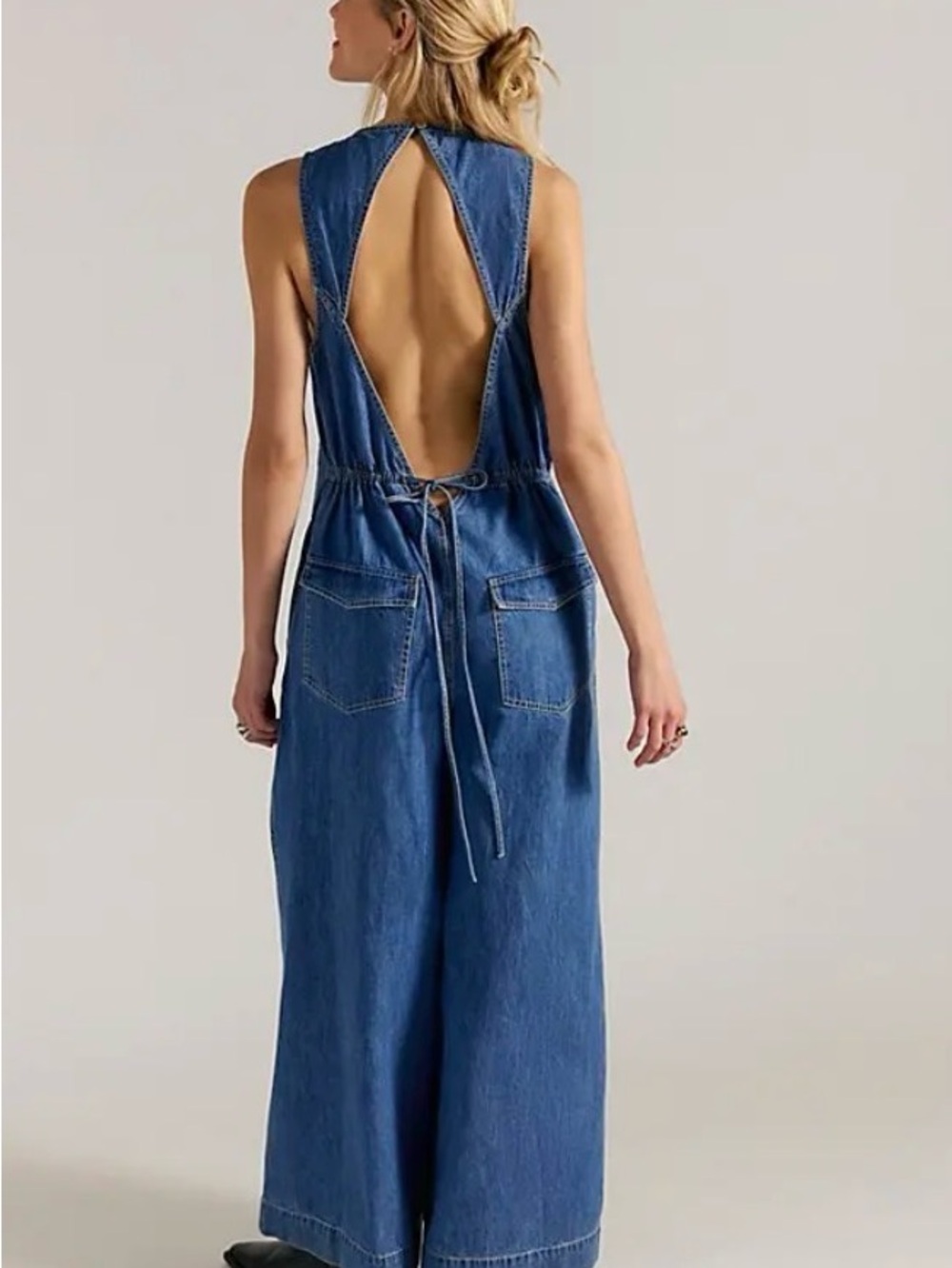 Free People Open-Back Wide-Leg Denim Overalls - Blue